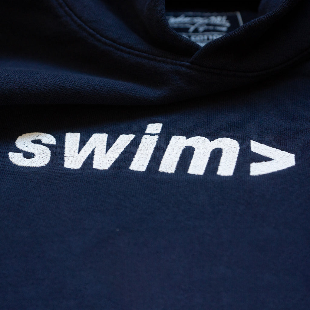 swim> navy hoodie